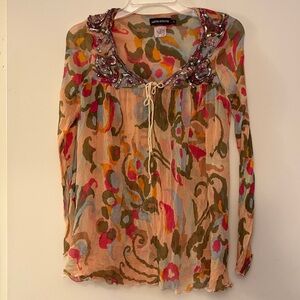 Antik Batik Women’s Silk Beaded Sheer Bohemian Y2K Lightweight Top, size L